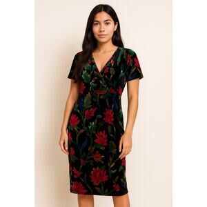 ZARA Trafaluc Velvet Floral Midi Dress Black Multicolor Short Sleeve Wrap M